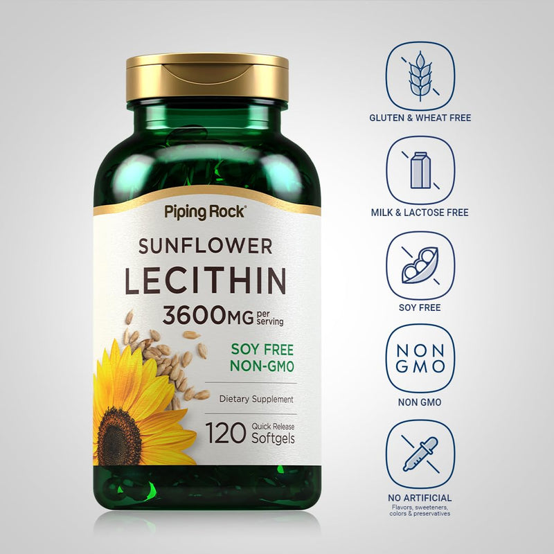 [Australia] - Piping Rock Sunflower Lecithin Softgel Capsules | 120 Count | Rich in Phosphatidylcholine | Soy Free, Non-GMO, Gluten Free 120 Count (Pack of 1) 