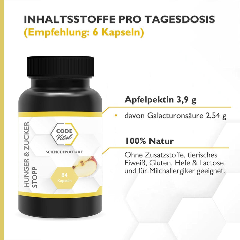 [Australia] - CODE VITAL Hunger & Sugar Stop | Vegan diet support I satiety | Nourishes sugar-excreting intestinal bacteria | Apple pectin high dosage I 100% natural | Made in Austria | 84 Kps 84 pieces (pack of 1) 