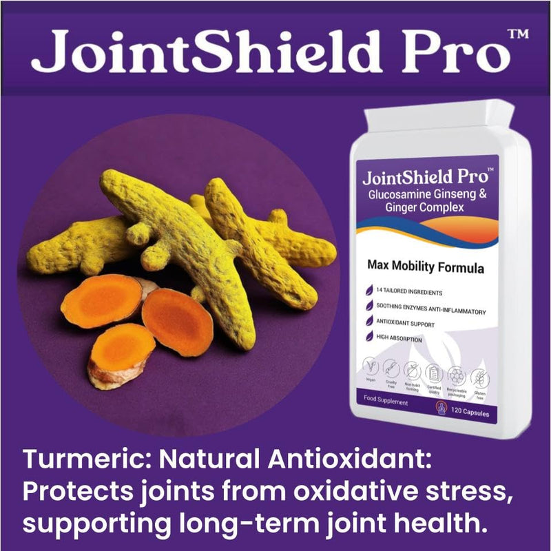 JointShield Pro Glucosamine, Ginseng, Ginger Supplement with VIT C, MSM, Cherry, Rosehip, ACV, Turmeric & Calming Enzymes - Supports Osteoarthritis, Knee, Ankle Swelling & Inflammation Relief