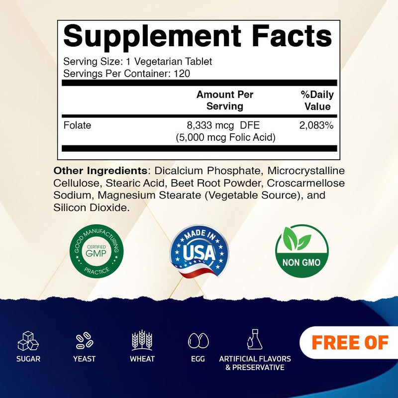 Vitamatic Folic Acid 5 mg (5,000 mcg), 120 Vegetarian Tablets (3 Pack) | 8,333 mcg DFE Foalte, Support Red Blood Cell Formation*, Heart & Nervous System Health*, Non GMO, Gluten Free, Made in USA