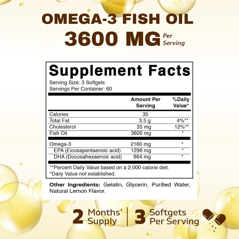 Vitamatic Triple Strength Omega 3 Fish Oil 3600mg Per Serving, 2160mg Omega 3 Fatty Acids, 1296mg EPA + 864mg DHA, Burpless Lemon Flavor, 180 Softgels 180 Count (Pack of 1)