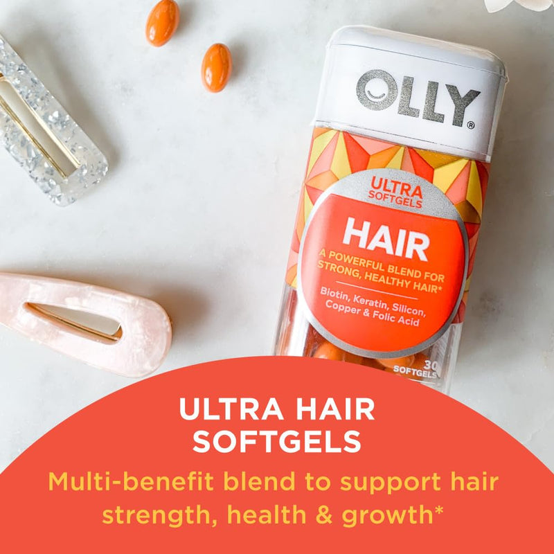 OLLY Hair and Energy Vitamin Bundles - Ultra Strength Hair Softgels with Biotin, Keratin, Vitamin D, B12 and Daily Energy Gummy with B12, CoQ10, Goji Berry - 30 and 60 Count