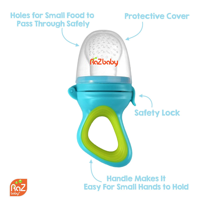 [Australia] - RaZbaby Baby Solids/Frozen Fruit Feeder Pacifier, Infant Teether Toy 6M+, BPA-Free Silicone Pouch & Nipple, Safely Introduce Solids, Teething Relief, Dishwasher Safe, 2-Pack – Orange/Blue + Green/Blue Blue/ Orange 