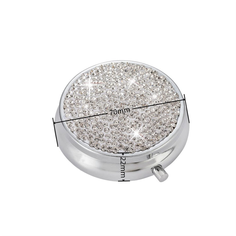 Bling Pill Box, 3 Compartment Medicine Pill Case Holder, Bling Crystal Rhinestones Waterproof Pocket Pill Case ound Medicine Organizer for Vitamin/Fish Oils/Supplement. (Silver)