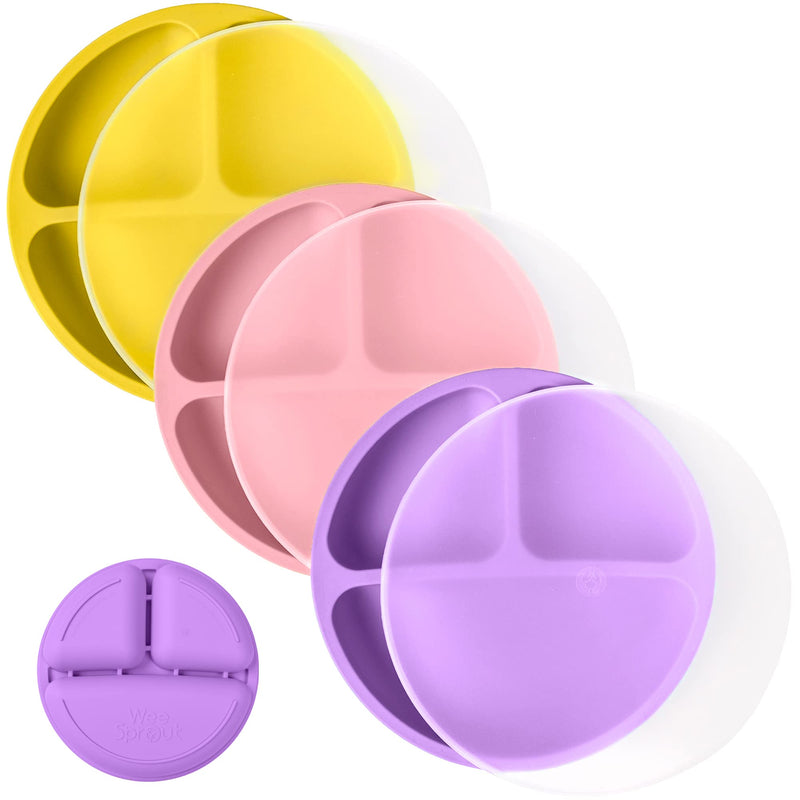 WeeSprout Silicone Plates with Lids for Babies & Toddlers (3 Pack) 100% Food-Grade Dishes for Self Feeding, Divided Design & Raised Edges for Picky Eaters, Dishwasher & Microwave Safe Weaning Supplies Bright Pink, Purple & Yellow