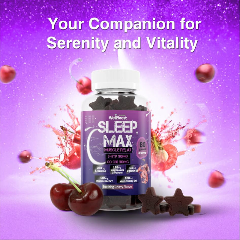 Sleep Max 5 HTP, Co Q10, L-Taurine, Magnesium, Chamomile Extract, Mont Cherry Extract and Vitamin B6 with Soothing Cherry Flavour Gummies