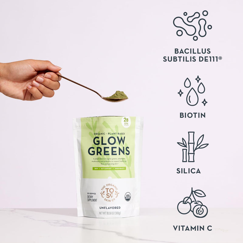 Organic Greens Powder Drink Mix | Skin & Gut Health USDA Organic Superfood Blend Probiotics Digestive Enzymes Tremella Mushroom Biotin Vitamin C & Bamboo Silica Vegan Glow Greens Unflavored 25 Serving