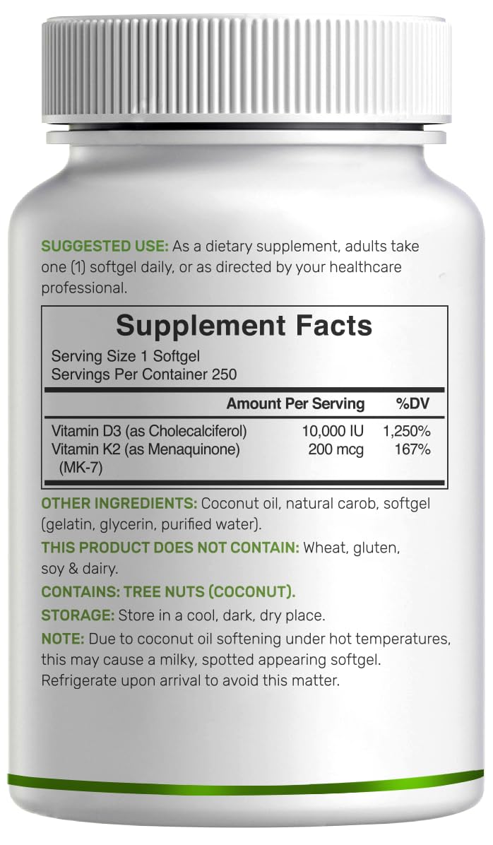 DEAL SUPPLEMENT Vitamin D3 10,000 IU + K2 MK7 200mcg Softgels, 250 Count | 2-in-1 Complex with Virgin Coconut Oil | Easy to Swallow