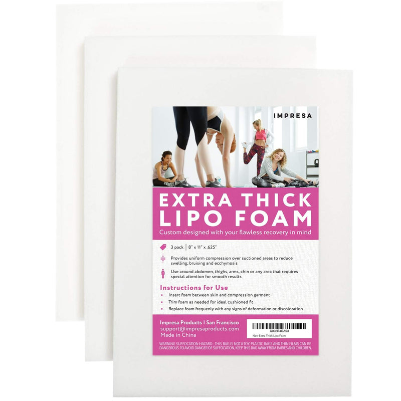 IMPRESA Extra Thick Lipo Foam Pads - Surgical Foam Pad Compression - White 3-Pack 8 x 11 x 0.625 in - Extra Padding for Post-Op Garments