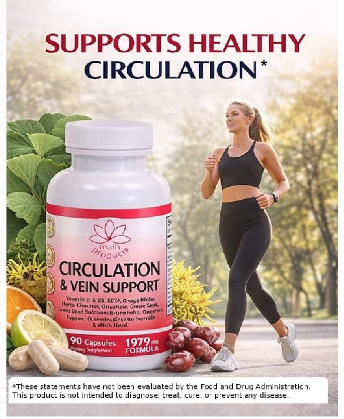 Circulation & Vein Support Supplement - Vitamins E & B3, Ginkgo Biloba, Horse Chestnut, Gotu Kola, Grape Seed, Butcher's Broom & Citrus Bioflavonoids - 1979 mg Formula - 90 Capsules - 30 Days Supply.