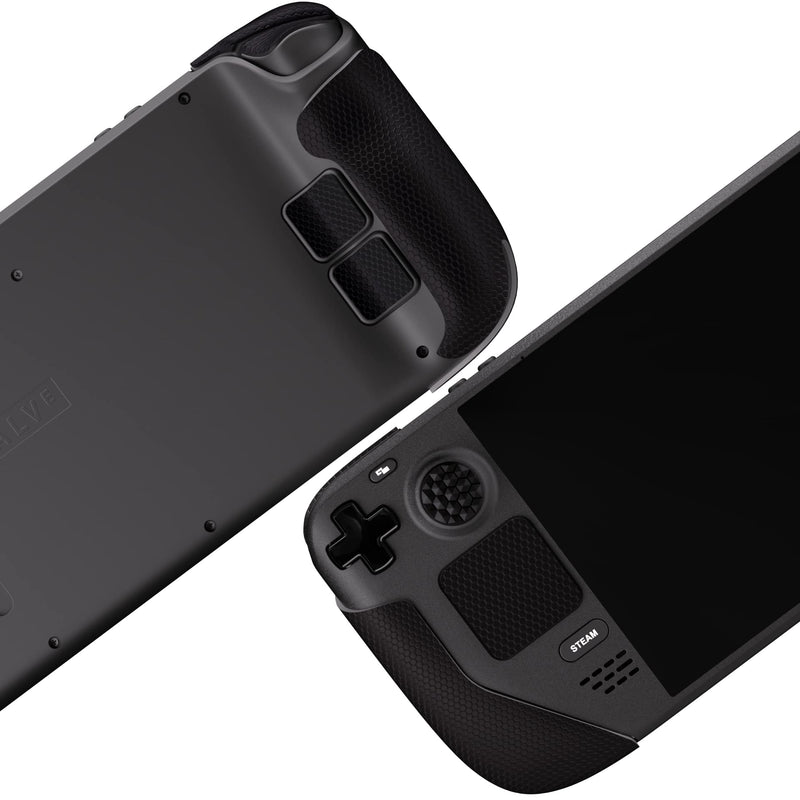 [Australia] - PlayVital Professional Textured Soft Rubber Pads Handle Grips for Steam Deck LCD & OLED, Trackpads Skin Grip Enhancement Back Button Protective Stickers Set with Thumb Caps - Honeycomb Textured Black 
