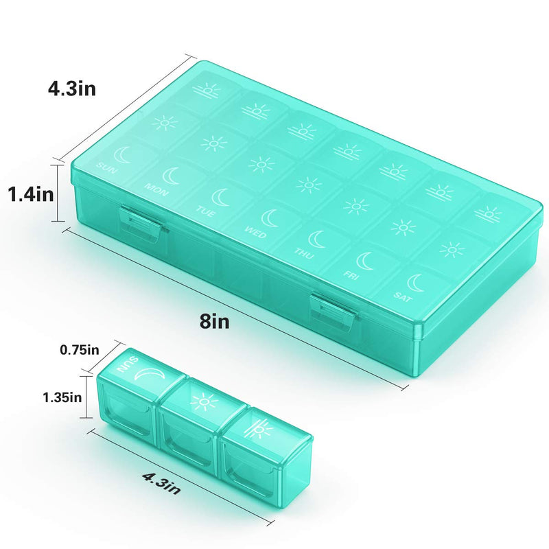 BUG HULL Weekly Pill Organizer 3X a Day, Daily 7 Day Medicine Pill Organizer 3 Times a Day, Travel Pill Case Container for Vitamins, Supplements Cyan Blue