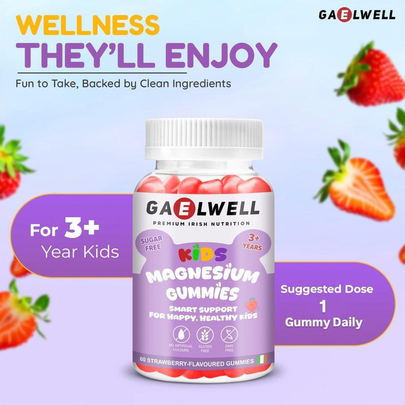 Kids Magnesium Gummies for Calm & Sleep – 2MONTHS–Supply – Sugar-Free Strawberry – Vegan, Gluten-Free, Magnesium Citrate – 60 Gummies –No Melatonin – Irish-Owned, HACCP & GMP Certified– Gaelwell®