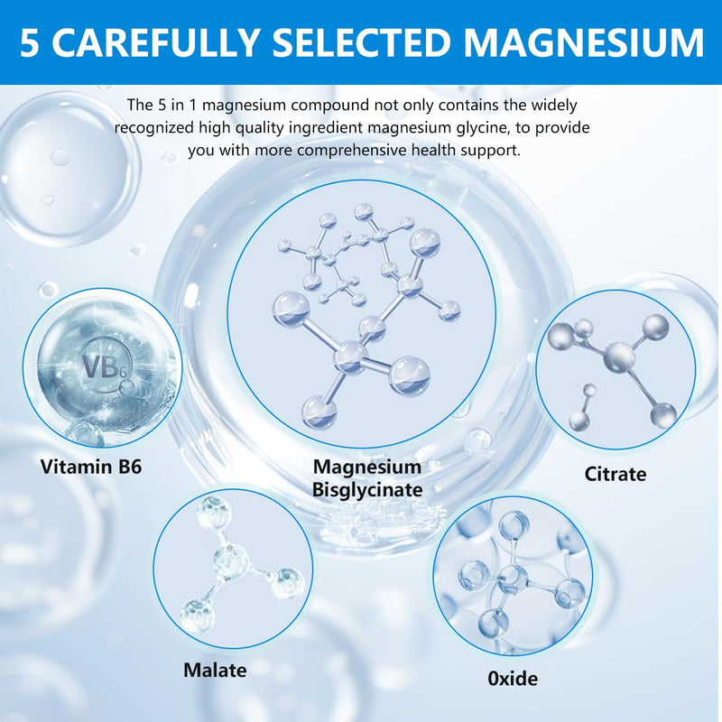 5-in-1 Magnesium Complex 450 mg, High Absorption Magnesium Glycinate, Malate & Citrate with Vitamin B6, Muscle, Nerve & Relaxation Support, 120 Veggie Capsules