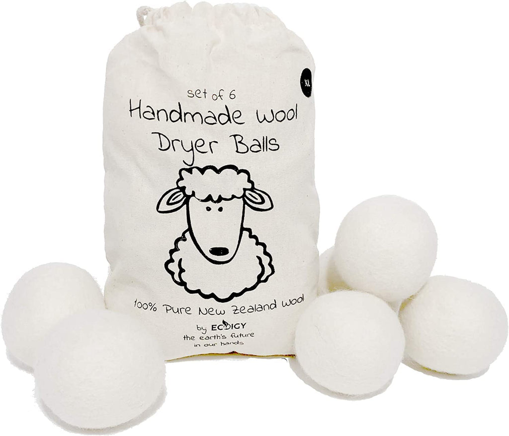 Wool Dryer Balls XL 6-Pack - 100% Pure New Zealand Wool, Ecoigy Natural Fabric Softener, Reduces Wrinkles & Drying Time, Ideal for Essential Oils, Dryer Sheets Alternative,Dryer Balls Laundry Reusable 6 Count (Pack of 1) White XL (Pack of 6)