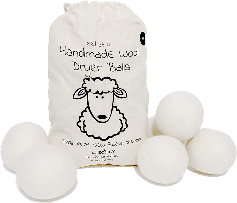 Wool Dryer Balls XL 6-Pack - 100% Pure New Zealand Wool, Ecoigy Natural Fabric Softener, Reduces Wrinkles & Drying Time, Ideal for Essential Oils, Dryer Sheets Alternative,Dryer Balls Laundry Reusable 6 Count (Pack of 1) White XL (Pack of 6)