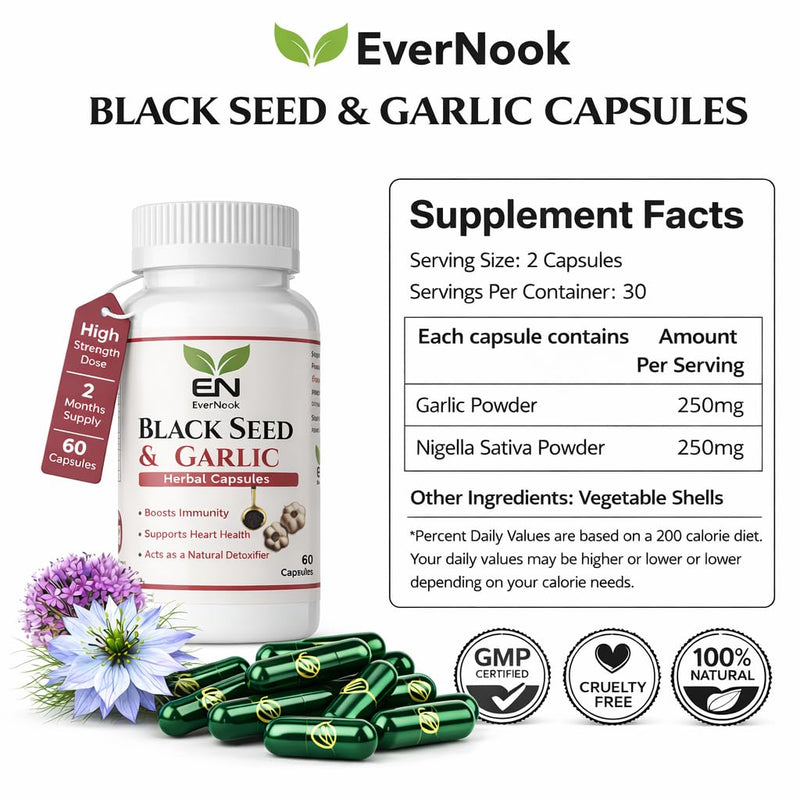 Black Seed & Garlic Capsules 500mg – 60 Vegetarian Capsules – Nigella Sativa & Garlic Powder Supplement – Natural Antioxidant Herbal Supplement – Supports Immunity, Heart Health & Detox