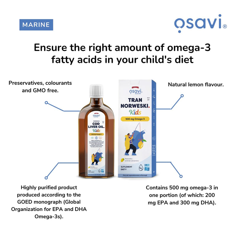 Osavi Norwegian Cod Liver Oil Kids – 250 ml | 500 mg Omega–3| Supports Brain Function, Vision, Heart Health, Immune System | Includes 135 µg Vitamin A | Lemon Flavour | Made in Norway