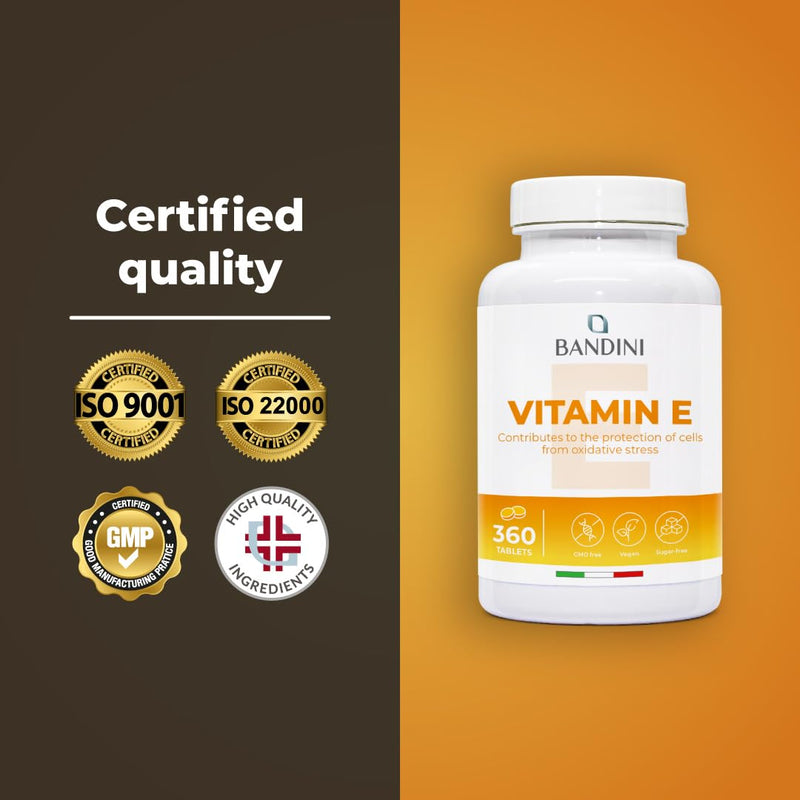 Bandini® Vitamin E - 360 Vegetarian Tablets - Natural Pure Vitamin E - High Strength d-Alpha Tocopherol for Antioxidant Protection - Supports Skin, Immune System & Vision - High Absorption Supplement