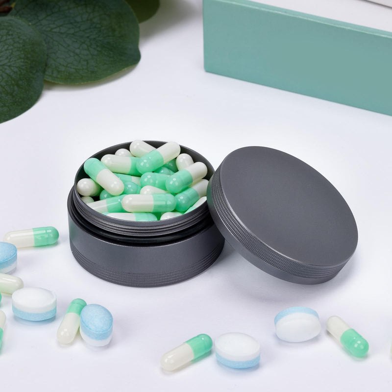 Daily Metal Pill Box Pill Case - Single Waterproof Travel Pill Container | Round Aluminum Alloy Storage Pill Organizer Multitool EDC Every Day for Vitamin, Fish Oil Gray Medium Size