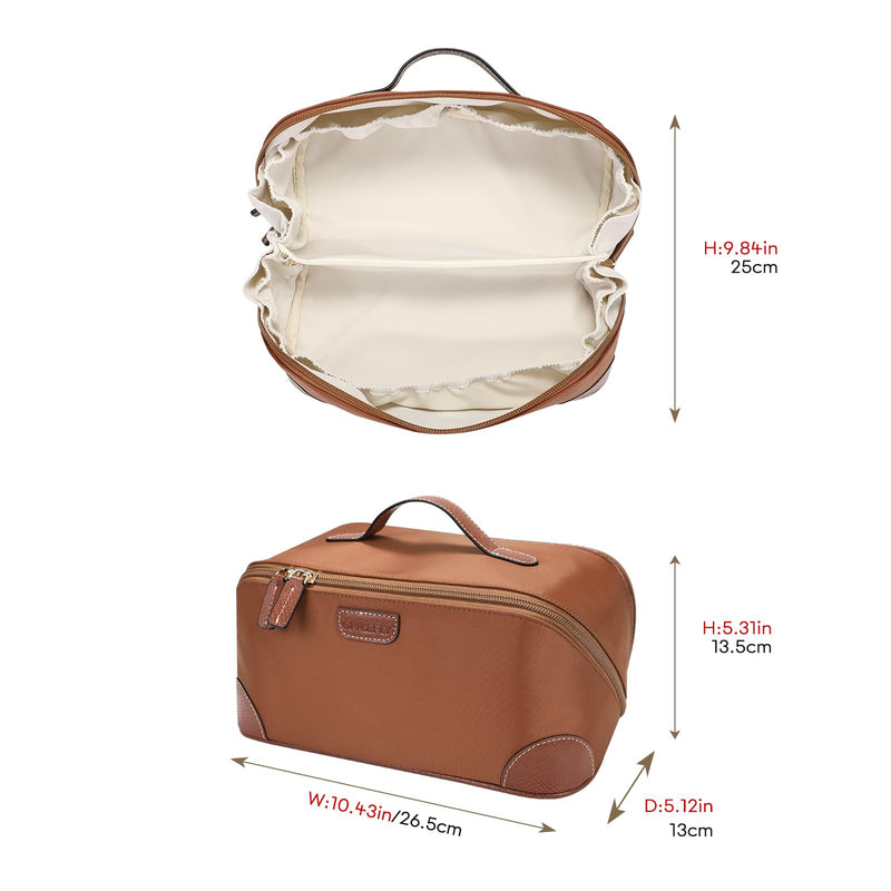 GIVLEFLY Makeup Bag for Women, Large Cosmetic Bag, Travel Toiletry Bag, Waterproof Nylon Organizer with Microfiber Leather, Flat Open for Skincare & Brushes Brown