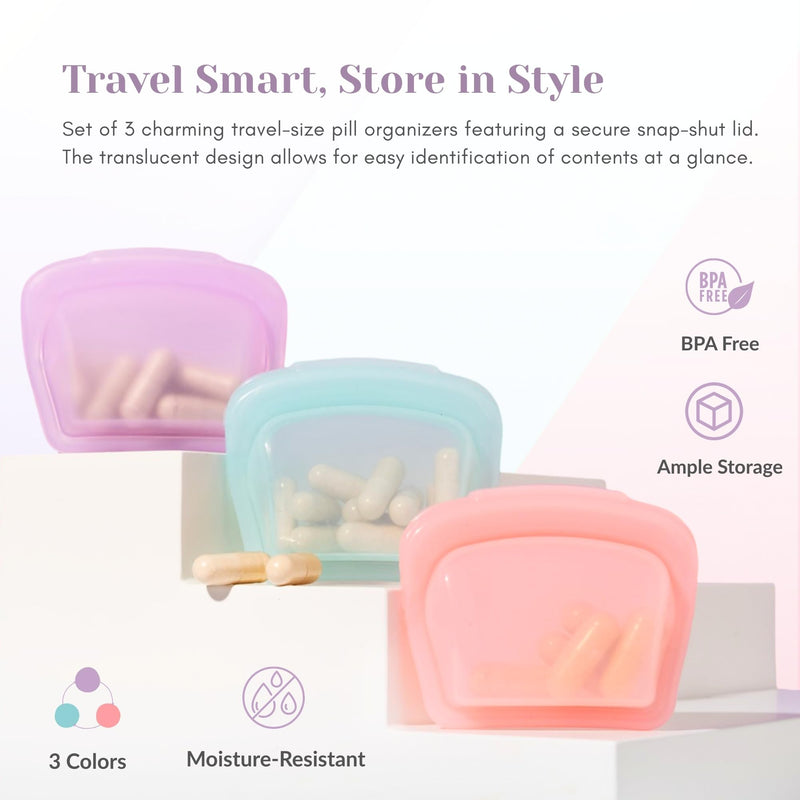 Silicone Pill Case, Portable Travel Medicine Organizer (Pink Blue Purple) | 3 pack compact pill box for vitamins, supplements & medication with waterproof, food-grade silicone design