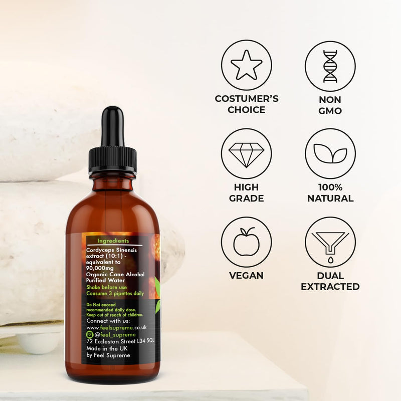 Cordyceps Mushroom Extract Supplement - High Strength 10:1 Nootropic Drink for Energy, Heart Health, Immune System Booster - Mushroom Supplement, Womens and Mens Vitamins - 60ml
