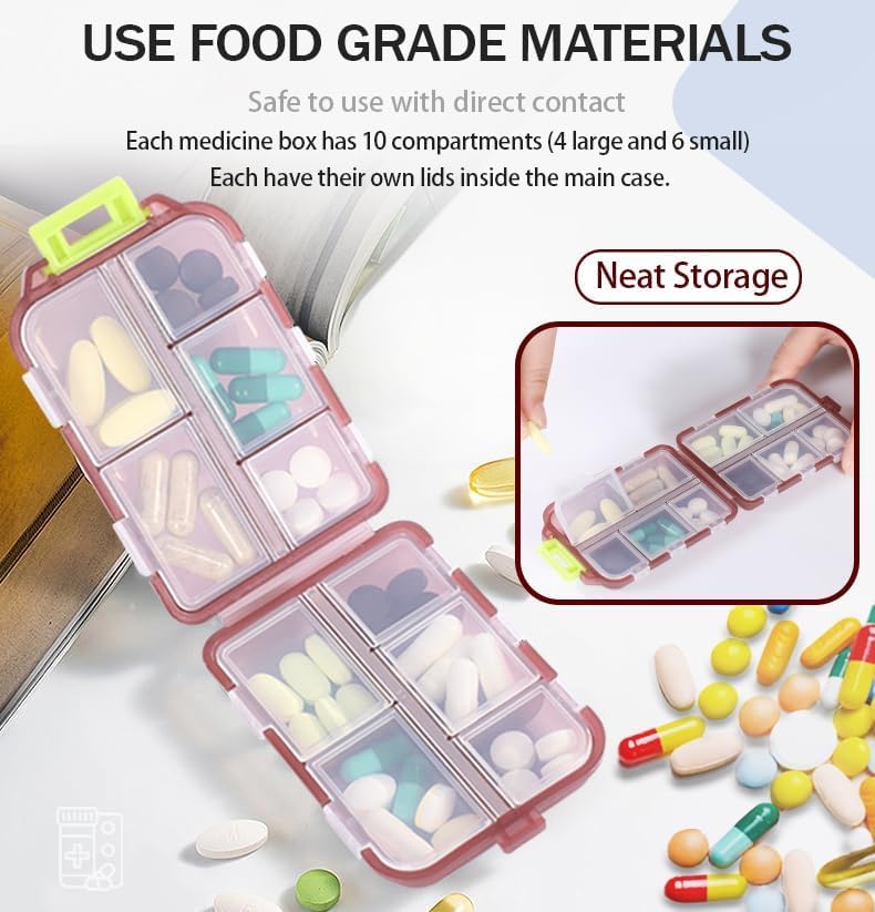 3PCS Travel Pill Organizer Portable Pocket Pill Case Small Pill Box for Purse Medicine Organizer Have 10 Compartments Storage Vitamin Fish Oil by INVODA (Pink+Gray+Blue+Lables) Red+yellow+white+label