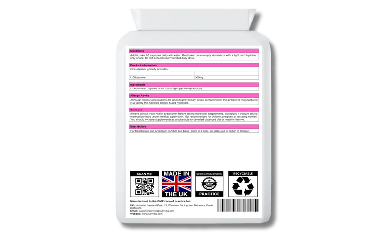 L-Glutamine 500g Capsules | 90 Vegan Capsules | Essential Amino Acid Supplement for Muscle Recovery & Gut Health | Made in the UK