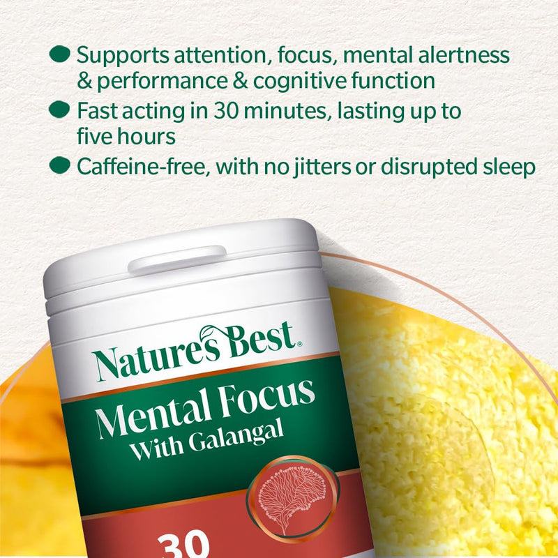 Nature’s Best Mental Focus Supplement - Fast-Acting Caffeine-Free Clarity with Galangal, Pantothenic Acid & Iodine - Energy, Mental Performance & Cognitive Support - 30 Capsules (1 Month Supply)