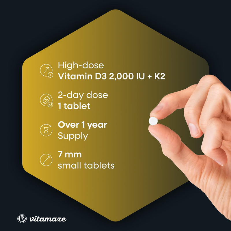 Vitamaze® Vitamin D3 K2 high dose, 2000 IU Vitamin D3 + 100 mcg Vitamin K2 MK7 All Trans, 240 Tablets Vitamin D Without Unnecessary additives, Made in Germany