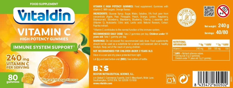 VITALDIN Vitamin C Gummies – 240 mg per Serving - 80 Chewable Gummies (40 Days’ Supply); Orange Flavour – Gluten Free Gummy – for Kids & Adults