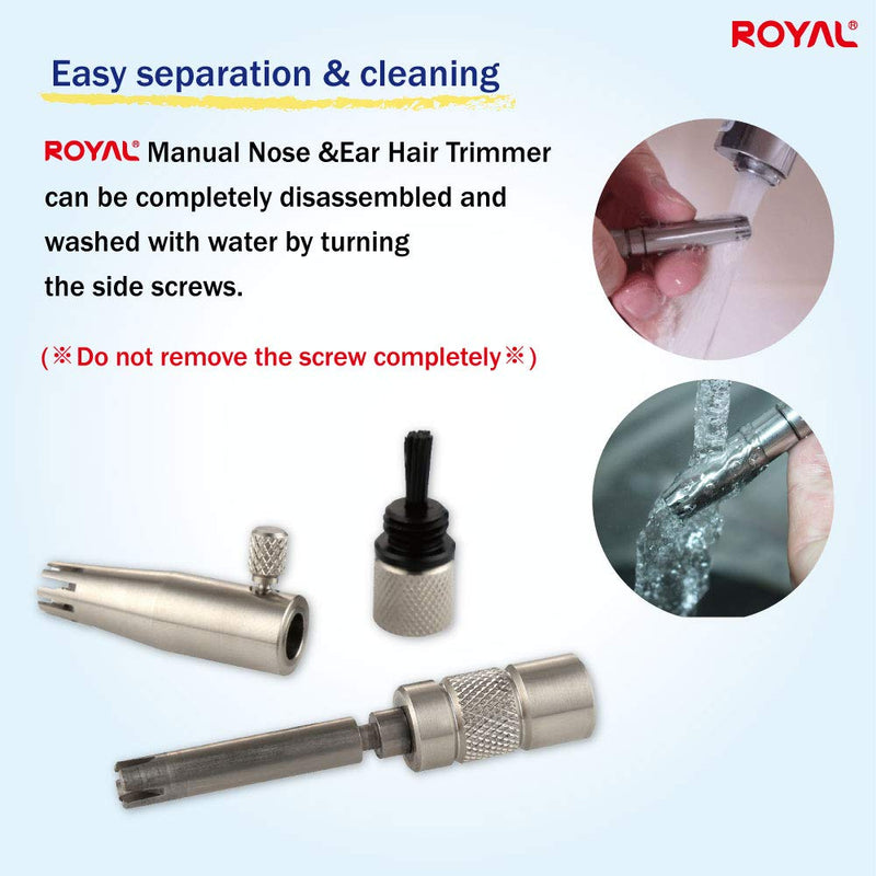 ROYAL [Made in Korea] Premium Manual Nose Hair Trimmer for Men Silver Bullet, Battery-Free, Stainless Steel Rotary Blade Grooming Tool, Waterproof, Safe & Painless with Patented Mechanism, ET-3 Stainless Gray