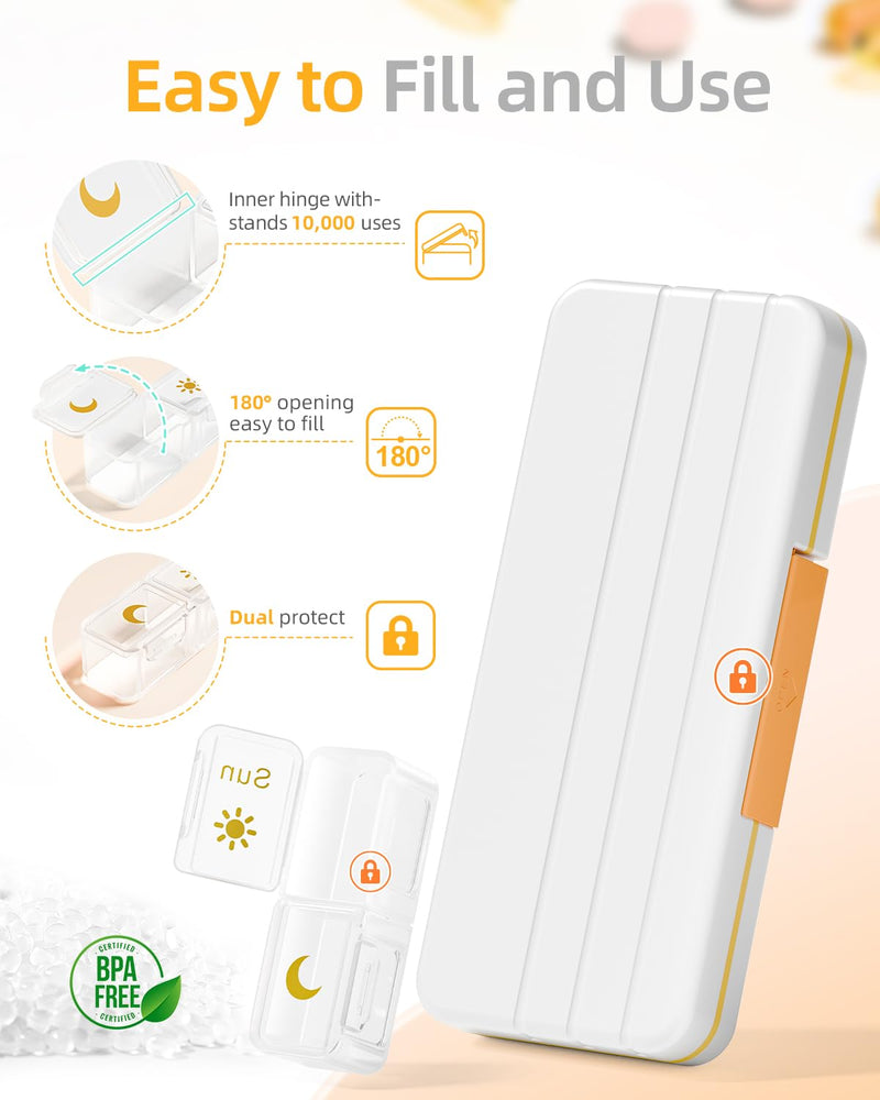 Betife AM PM Pill Organizer 2 Times a Day, 7 Day Pill Box - Yellow | Removable AM/PM Daily Cases; Roomy for Fish Oil and Vitamins; Sturdy ABS Shell with Moisture-Resistant Silicone Protection. Beige