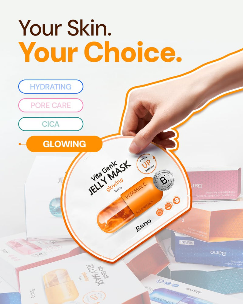 Bano Vita Genic Jelly Glowing Sheet Mask | Korean Calming Face Mask | 20EA | Glow Face Mask for Sensitive Skin | Vitamin C | Biotin & Niacinamide | Pore Mask for Sensitive Skin | Skincare for Glass Skin 1 Count (Pack of 20)
