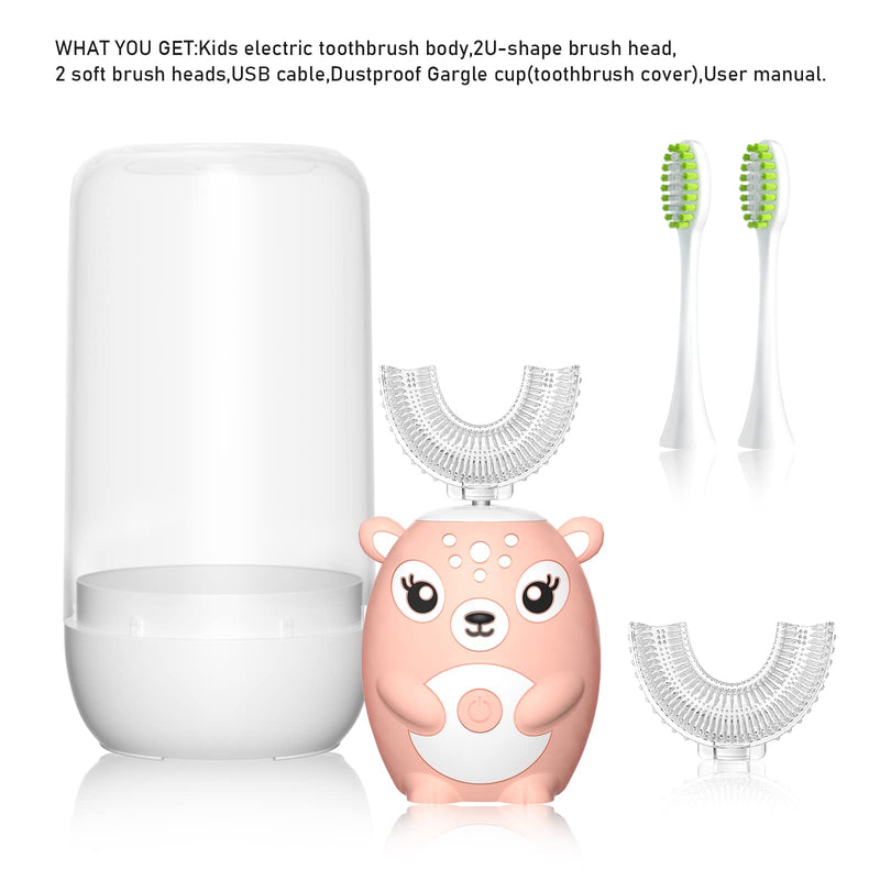 [Australia] - Kids Electric Toothbrushs U Shaped sonic Automatic Toothbrush with 4 Brush Heads, Six Cleaning Modes,Cartoon deer Modeling , full mouth toothbrush for baby Pink 2-6 Years 