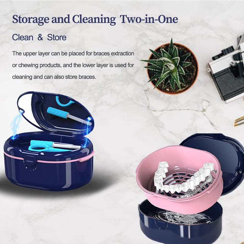 [Australia] - Dentures Case, Denture Bath Case Cup Box Double Layer Dry and Wet Separation Portable False Teeth Container, Denture Cup with Lid for Cleaning Household Office Travel(Blue) Blue 