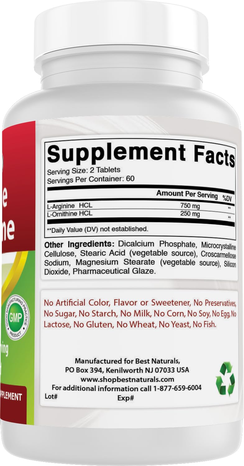 Best Naturals L-Arginine L-Ornithine - 1000mg per Serving - 120 Tablets - Non-GMO & Gluten Free (120 Count (Pack of 3)) 120 Count (Pack of 3)