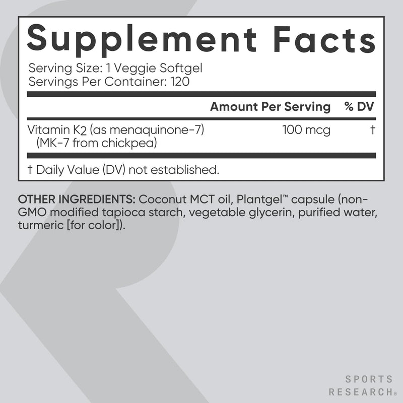 Sports Research® Vitamin K2 (MK-7) 100mcg w/Coconut MCT Oil, 120 Count | Vegan K2 from Chickpea | Supports Strong Bones | Vegan Certified, Non-GMO Verified, Gluten & Soy Free 120 Count (Pack of 1)