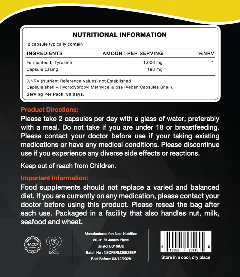 Fermented L-Tyrosine 500mg 60 Vegan Capsules - Essential Amino Acid Support – 1 Month Supply – High Strength L Tyrosine Supplement - No Artificial Preservatives