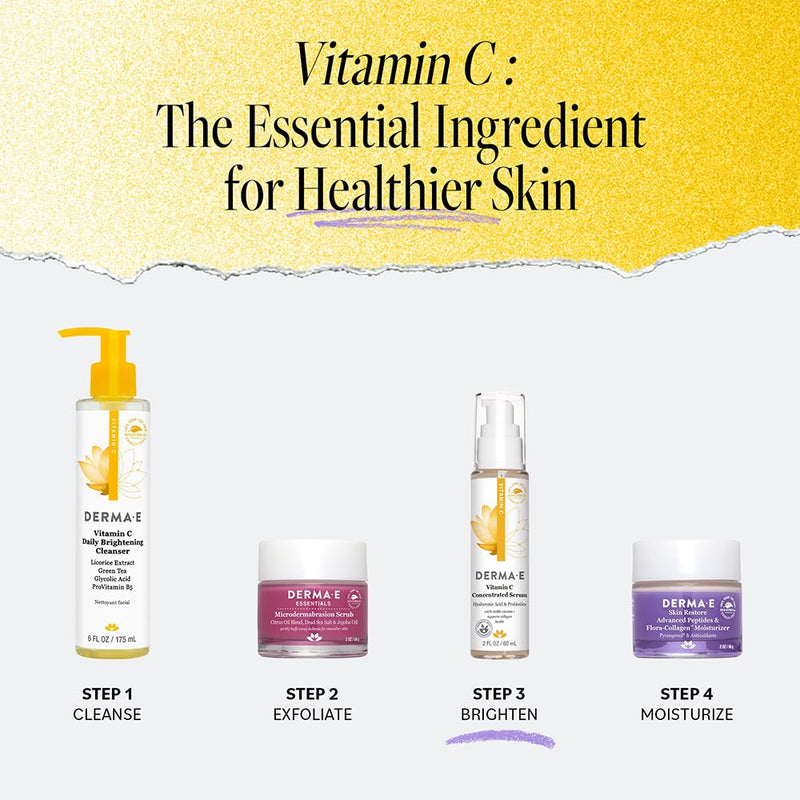 DERMA E Vitamin C Concentrated Serum, 2 Oz, with Hyaluronic Acid, Vitamin E & Aloe, All Natural, Antioxidant-Rich Concentrated Formula, Hydrating & Brightening Vitamin C Face Serum