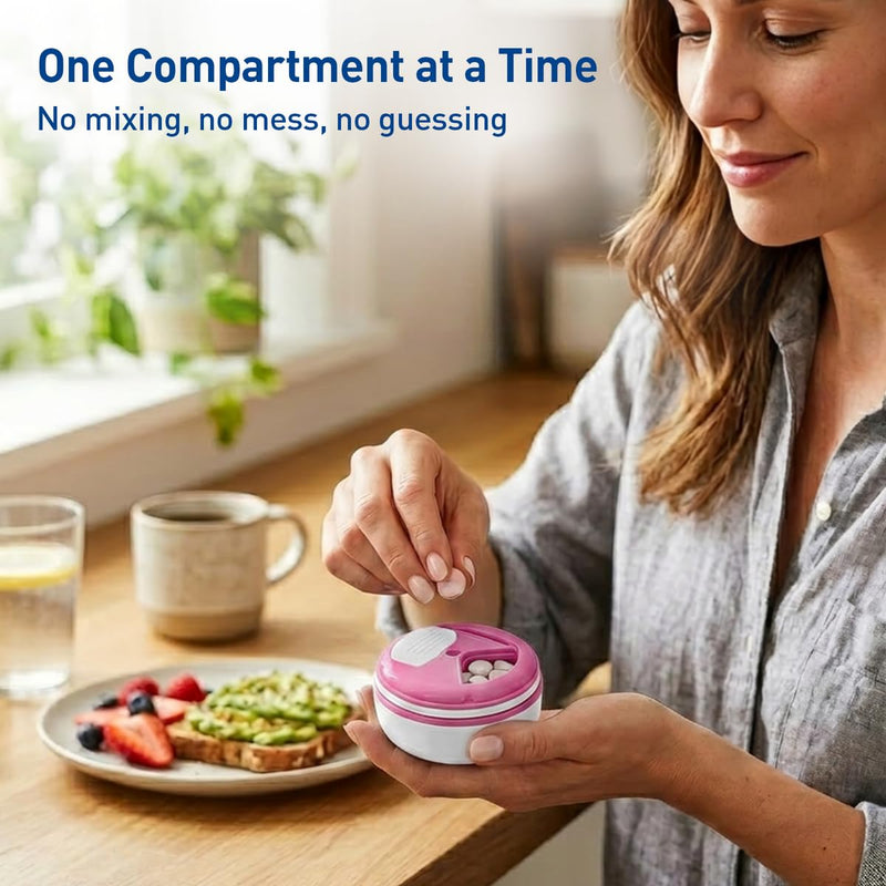 Ezy Dose Mini Vitamin Organizer, Multi Compartments, White & Pink, Small | Portable and Compact Design, Easy Access Sliding Pill Dispenser, Supplement Organizer with Anti-Mix Design, Travel Friendly White and Pink/Small
