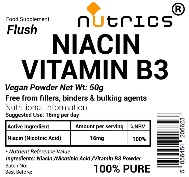 Vitamin B3 Flush NIACIN NICOTINIC Acid 50g 100% Pure Vegan Powder - Free from fillers Binders & Bulking Agents Non GMO