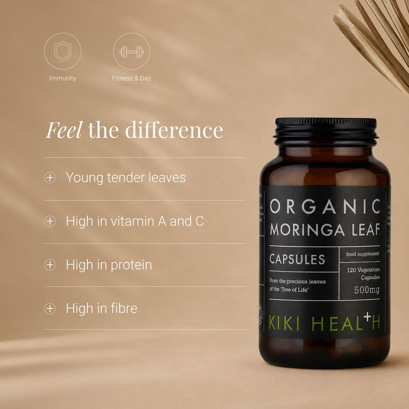 KIKI Health - Organic Moringa Leaf Capsules 500mg - Made from 100% Organic Moringa - No Artificial Colours, Preservatives, Sweeteners or Fillers - Suitable for Vegans - 120 Capsules