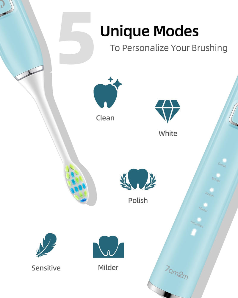 [Australia] - 7AM2M Electric Toothbrush 2 Pack Set for Adults, 12 Replacement Brush Heads, 5 Adjustable Modes, Built-in 2-Minute Smart Timer, Fast Charge for 60 Days, IPX7 Waterproof, Navy & Light Blue Navy Blue & Light Blue 
