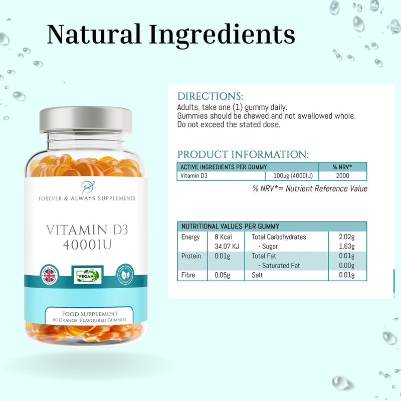 Vitamin D3 4000iu Gummies - High Strength 100μg Gummy - 60 Orange Flavoured Gummies - Vitamin D Supplement Teeth, Bone, Muscles & Immune System Support