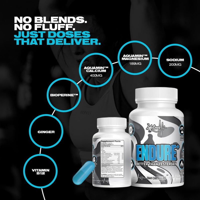 Endure+ Multi-Pathway Lactic Acid Buffer & Electrolyte Complex for Hybrid Athletes | Aquamin® Marine Minerals, Magnesium, B12 & Ginger | Muscle Function, Hydration, Fatigue Resistance | 240 Capsules