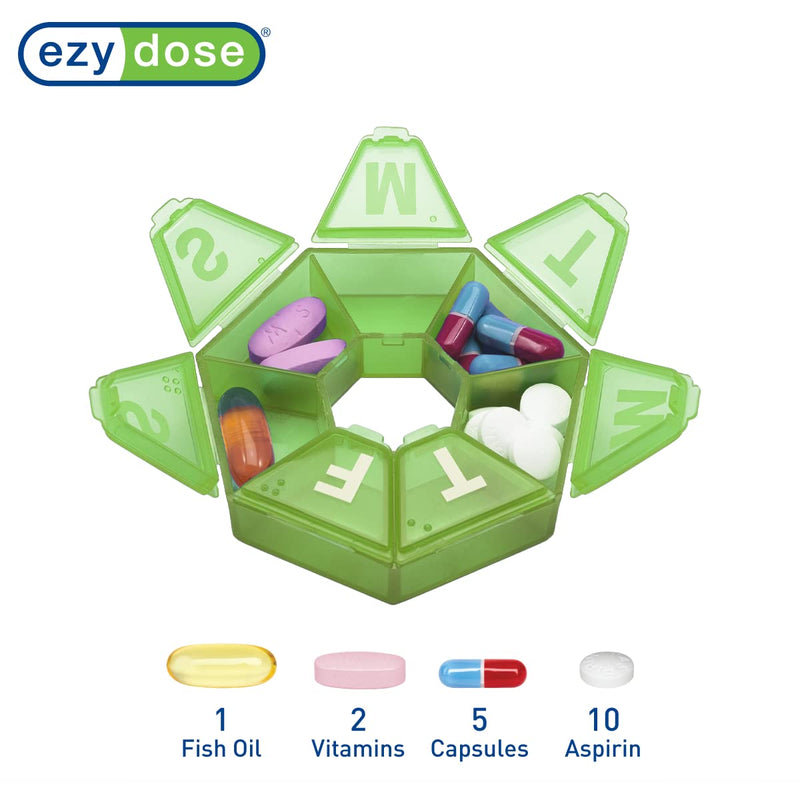 Ezy Dose Weekly (7-Day) Pill Organizer, 7-Sided Medicine Planner, Green | Compact Daily Round Vitamin & Supplement Medicine Case, Convenient and Easy to Use, Travel-Friendly Container, BPA-Free