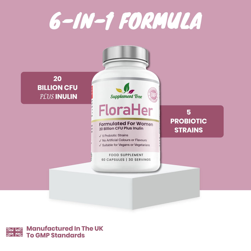 FloraHer Probiotics for Women – 20 Billion CFU with Inulin – Saccharomyces Boulardii, Lactobacillus & Bifidobacterium Blend – 60 Vegan Capsules, 30 Servings, UK Made 60 count (Pack of 1)