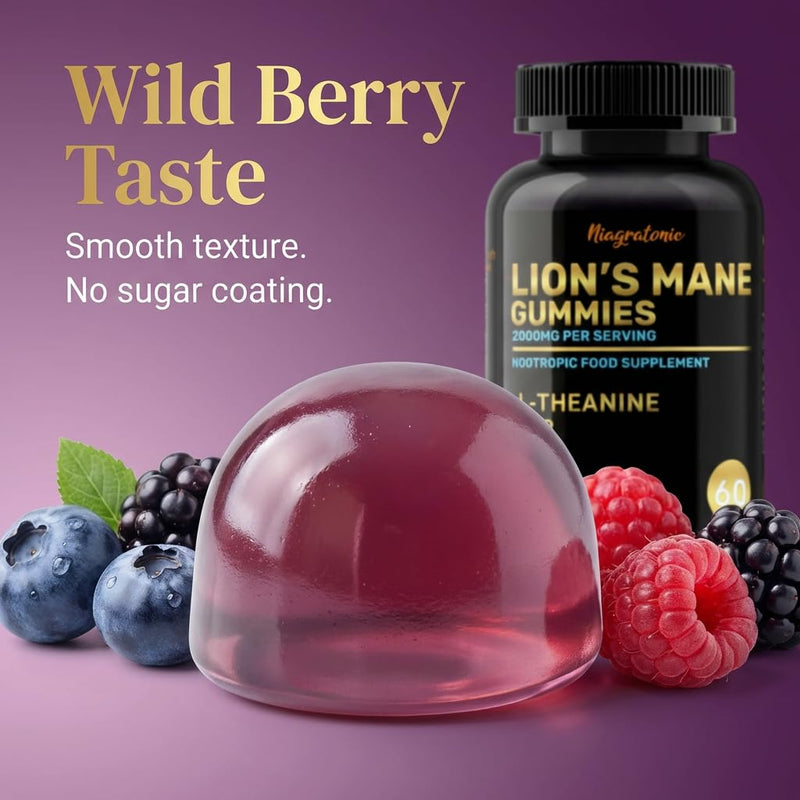 Lion's Mane Mushroom Gummies with L-Theanine & B Vitamins, Mind & Focus Complex Supplement, Sugar Free, Vegan, 60 Gummies, 1 Month Supply, Mixed Berry Flavour